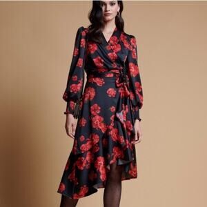 RACHEL PARCELL Wrap Satin Ted Poppy Print Asymmetrical Dress XS